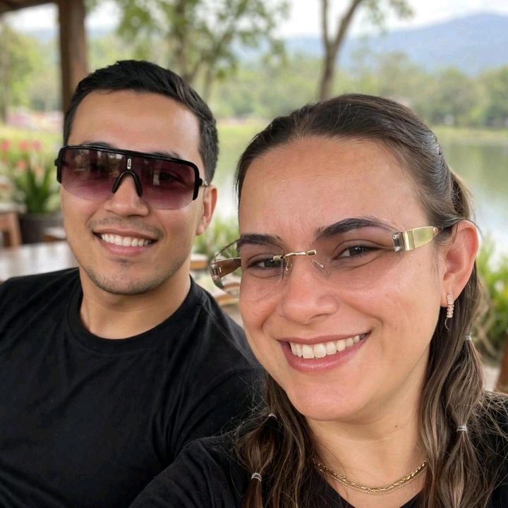 Casal que indica shop.
